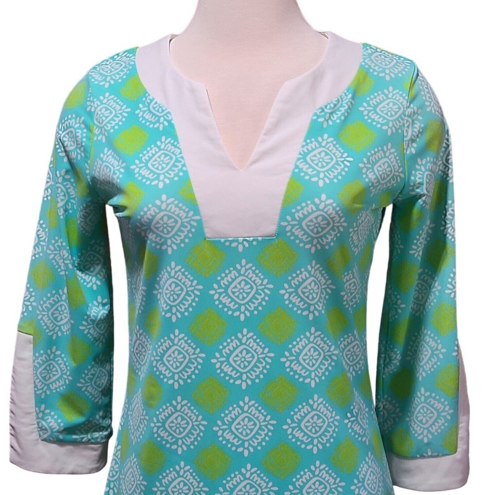 All For Color Aqua Green Medallion Print Tunic Dress Sz S Split Neck 3/4 Sleeve
